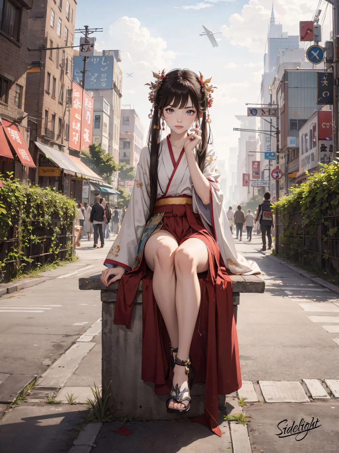 二次元插画 | 大都市中的汉服女孩