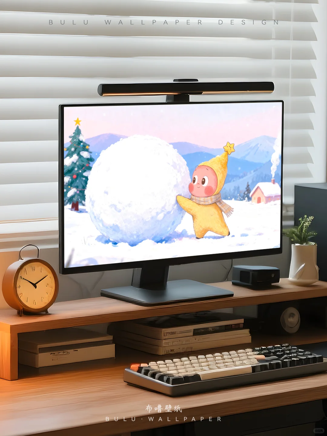 168 | 星星人推雪球·可爱圣诞雪景电脑壁纸