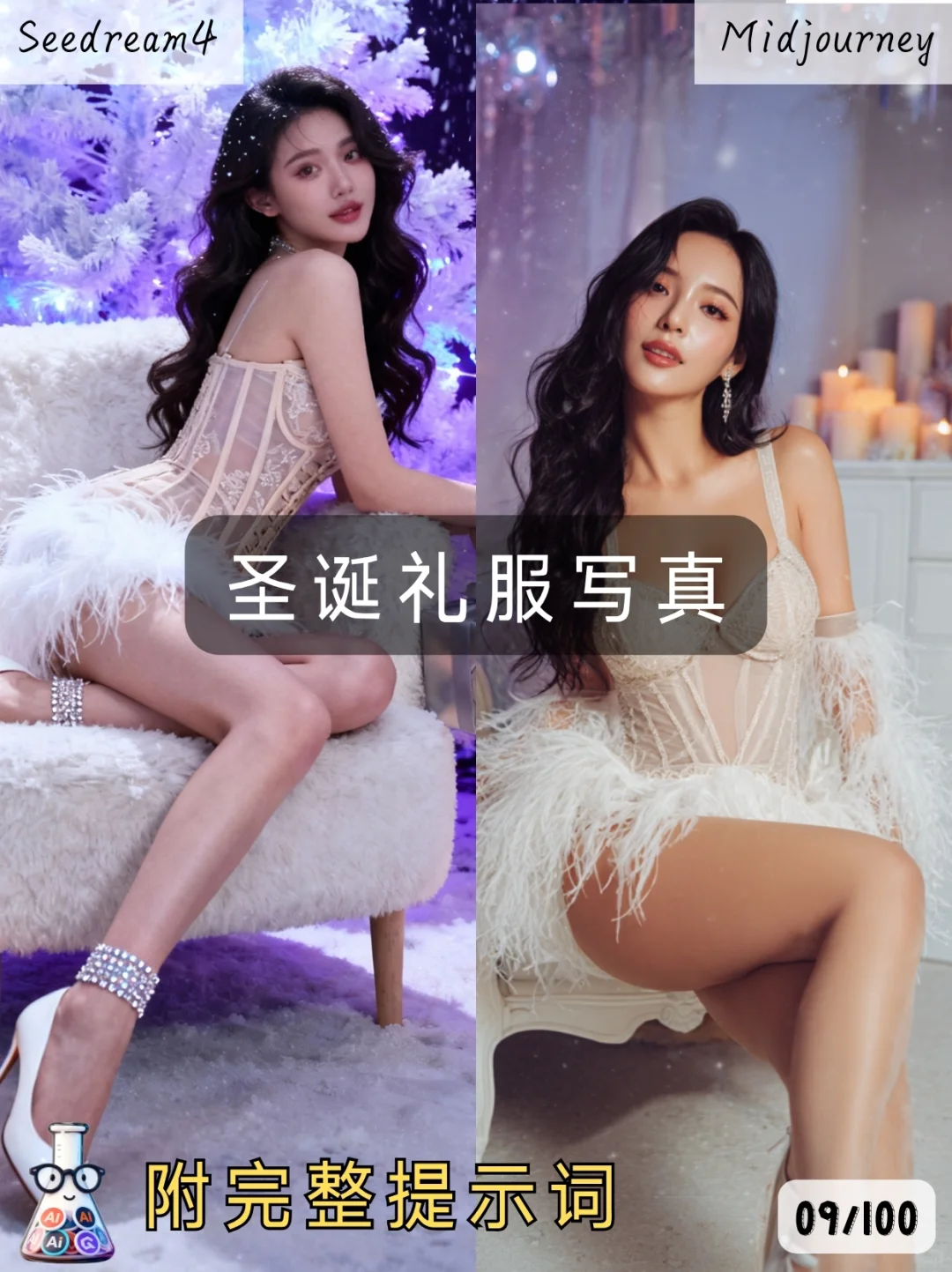 「白色小礼服写真」AI圣诞主题，附提示词