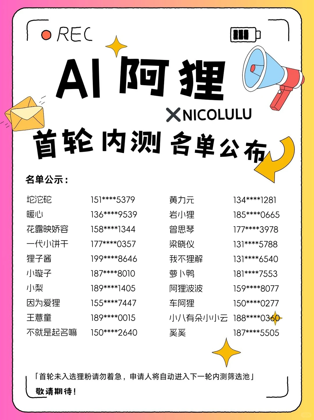 【AI阿狸内测名单公布】第一轮体验官诞生啦