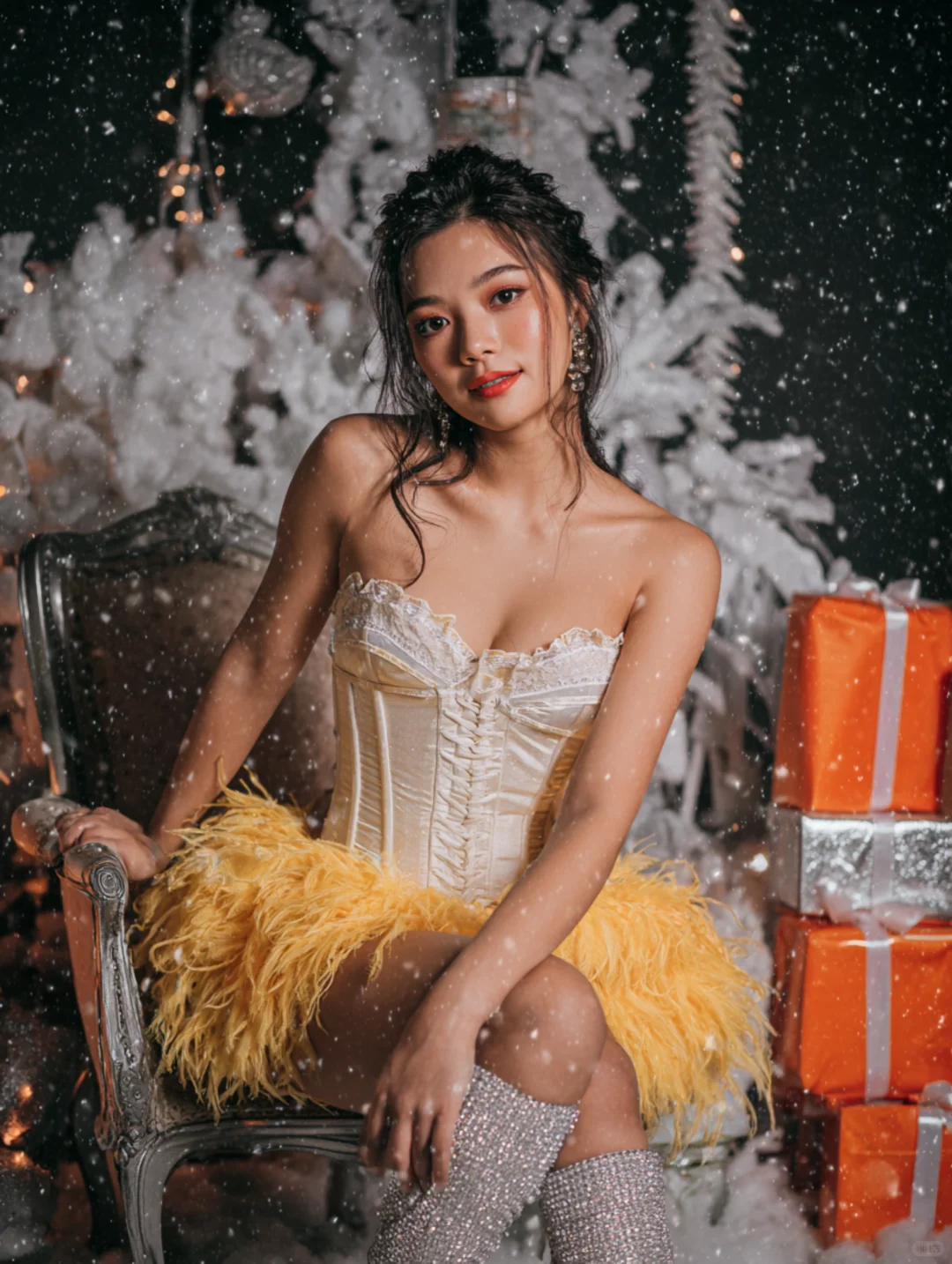 「白色小礼服写真」AI圣诞主题，附提示词