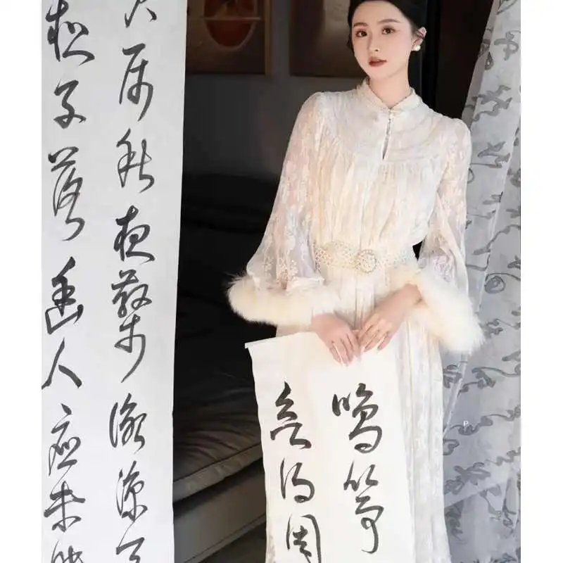 晨袍女新娘改良旗袍蕾丝长裙高级感秋冬新中