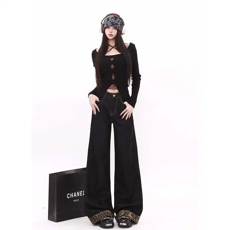 🌟美式复古豹纹拼接阔腿牛仔裤，秋冬超