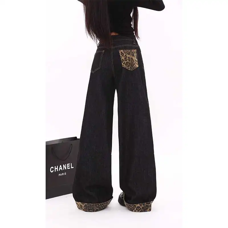 🌟美式复古豹纹拼接阔腿牛仔裤，秋冬超