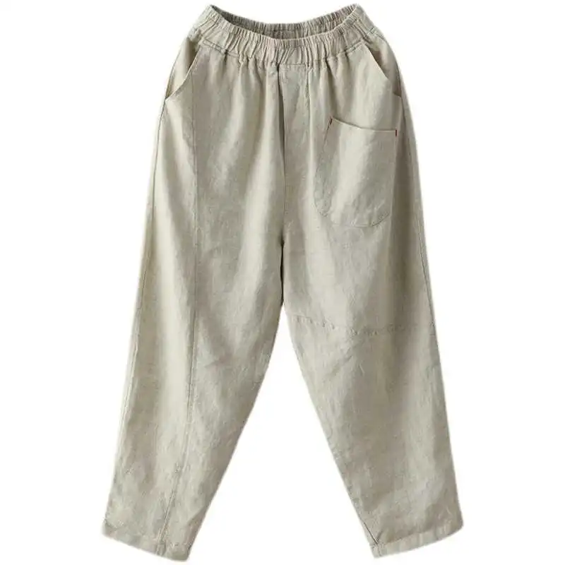 🌙2025新款复古亚麻薄款女裤松紧腰显瘦
