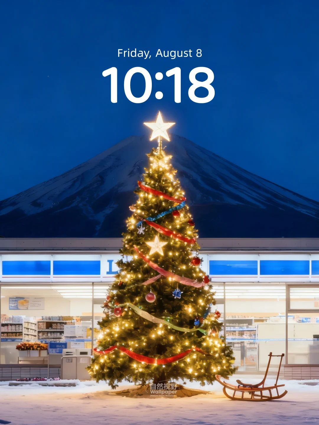 富士山×罗森便利店×圣诞树🎄丨4K氛围壁纸