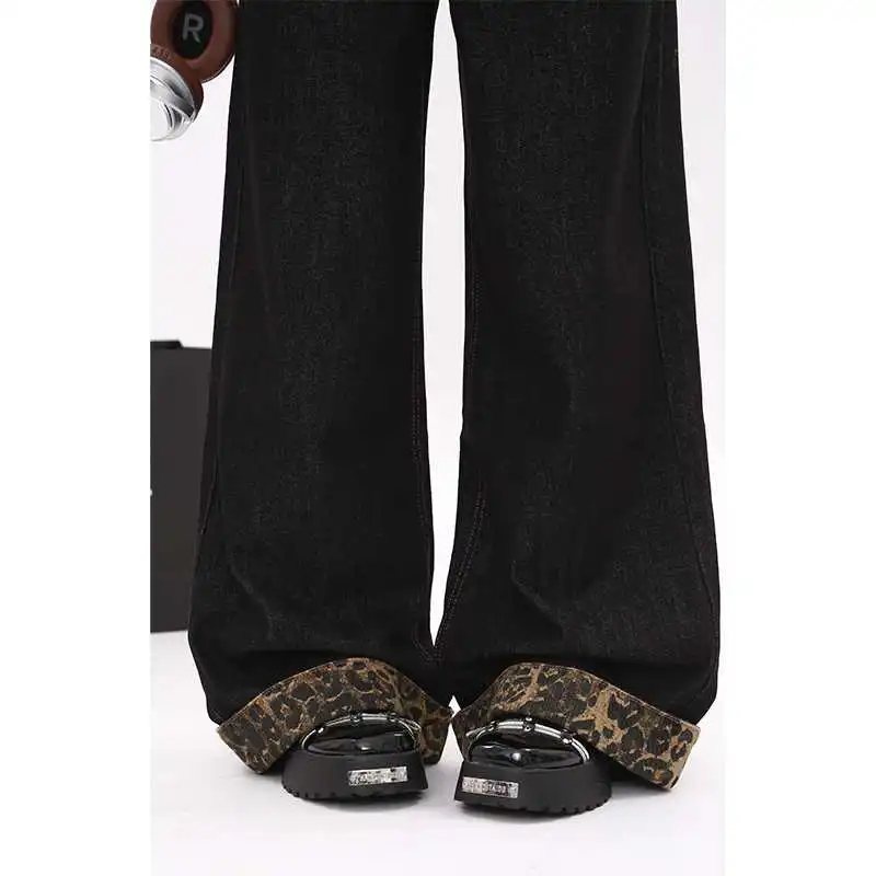 🌟美式复古豹纹拼接阔腿牛仔裤，秋冬超