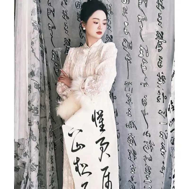 晨袍女新娘改良旗袍蕾丝长裙高级感秋冬新中