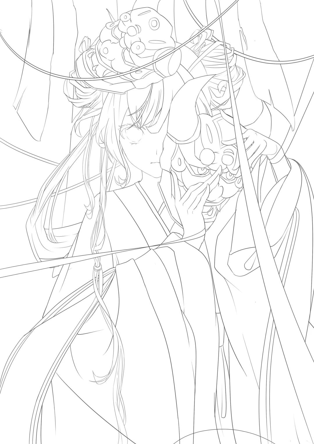 线稿:傩戏少女