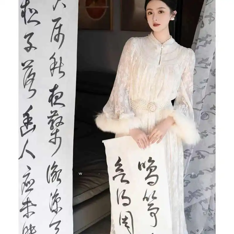 晨袍女新娘改良旗袍蕾丝长裙高级感秋冬新中