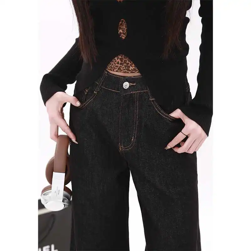 🌟美式复古豹纹拼接阔腿牛仔裤，秋冬超