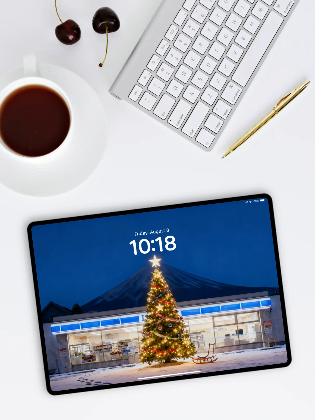 富士山×罗森便利店×圣诞树🎄丨4K氛围壁纸