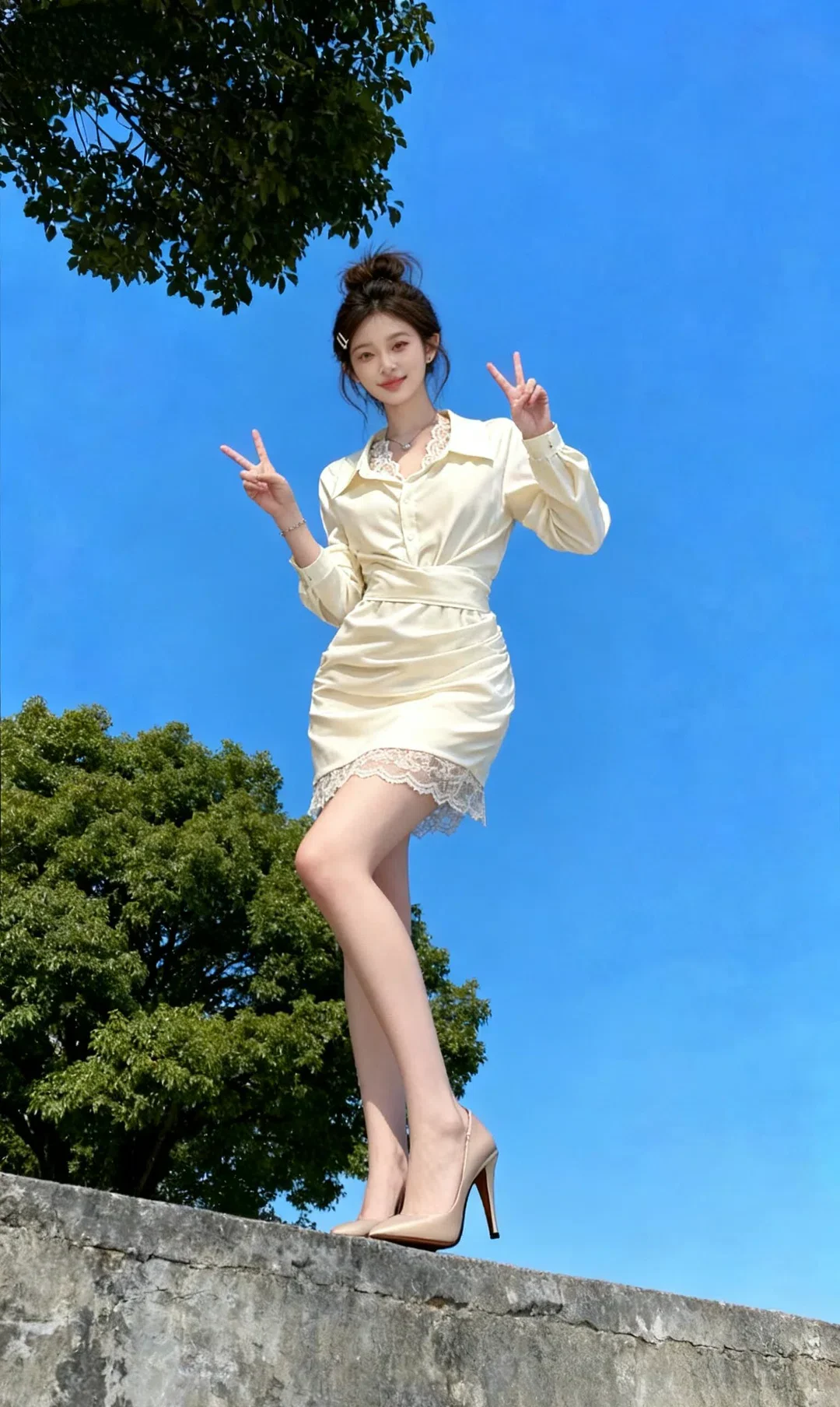 今日心动款 奶油肌缎面衬衫裙