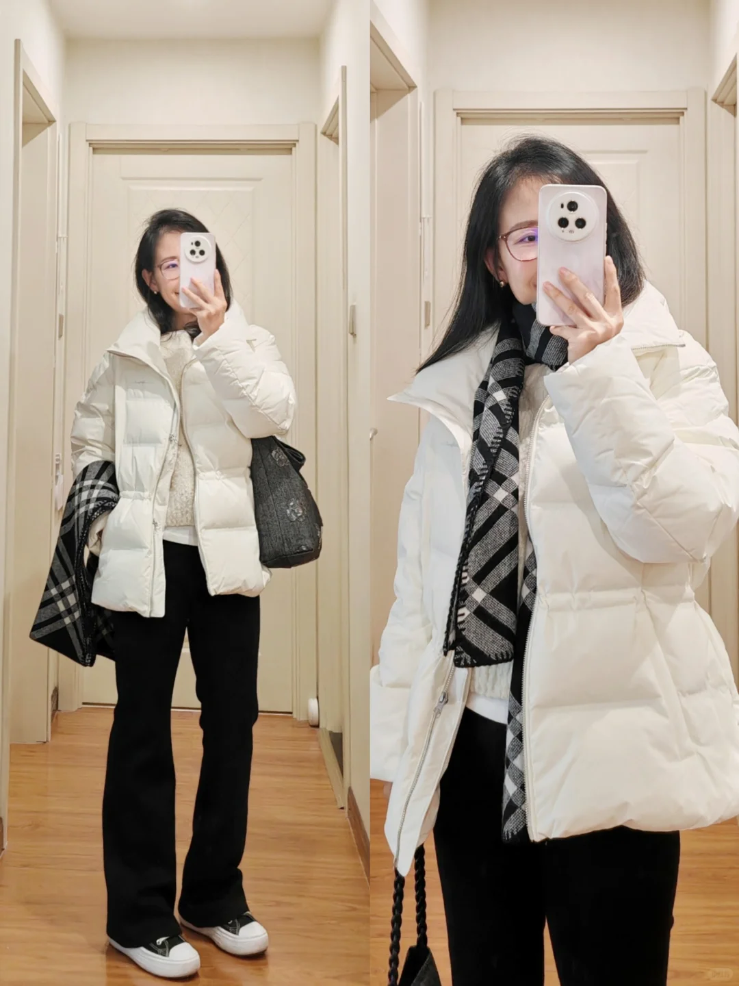 155/92 简单舒适的穿搭 羽绒服+微喇裤