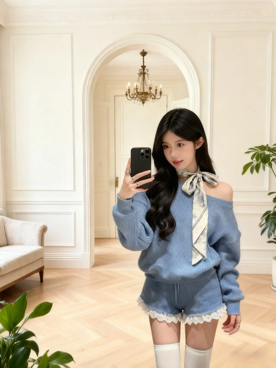 露肩针上衣+蕾丝边短裤，温柔松弛感穿搭