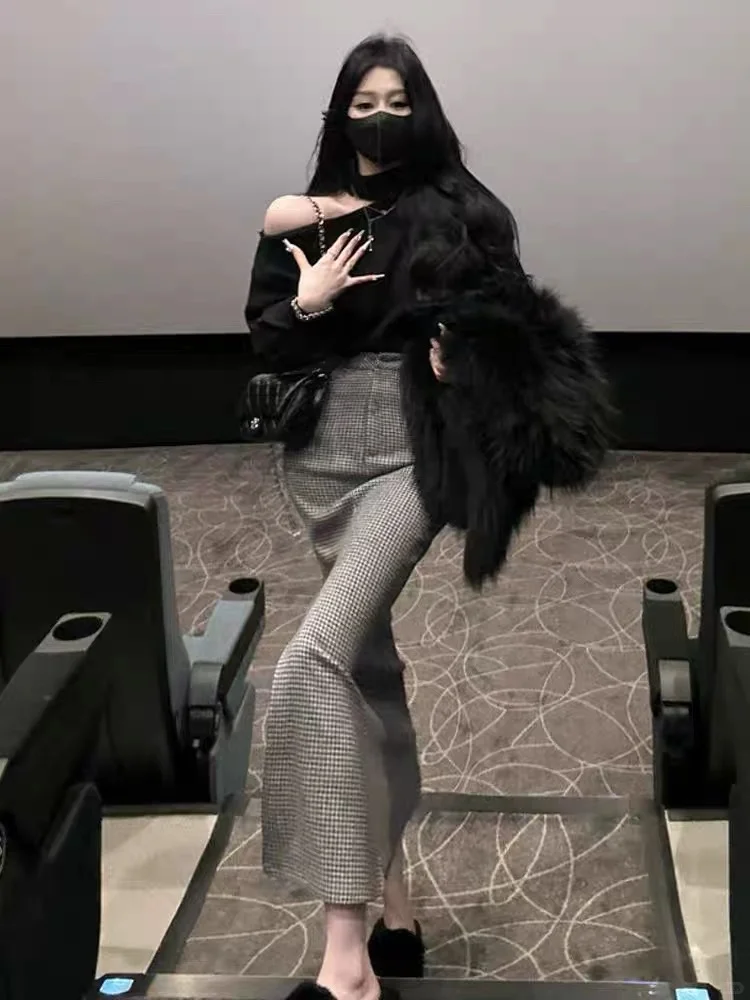 冬ootd～～灰色毛呢格纹包臀裙，显瘦又性感