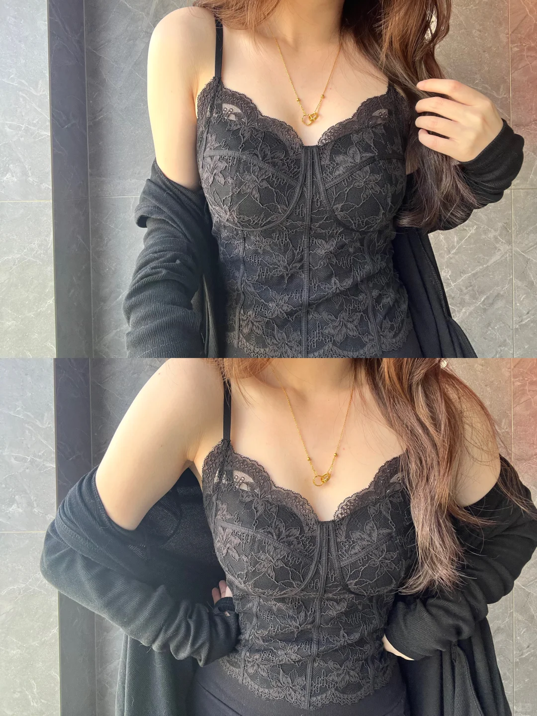 all black的蕾丝保暖吊带真的巨显瘦！