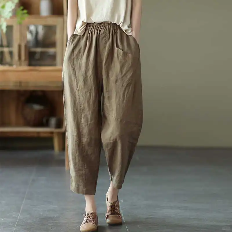 🌙2025新款复古亚麻薄款女裤松紧腰显瘦