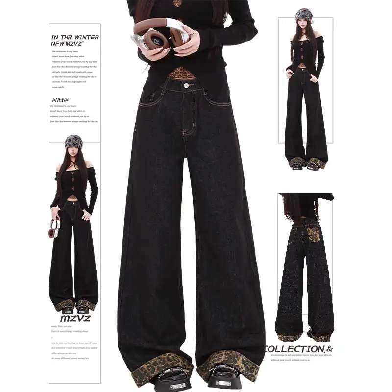 🌟美式复古豹纹拼接阔腿牛仔裤，秋冬超