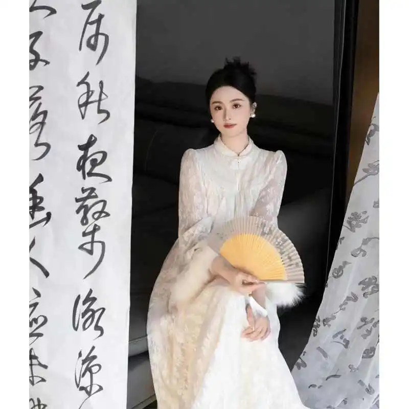 晨袍女新娘改良旗袍蕾丝长裙高级感秋冬新中