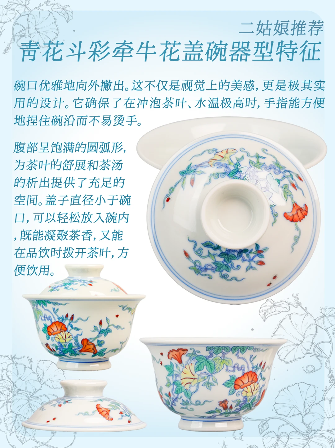 二姑娘推荐/谈窑青花斗彩牵牛花盖碗