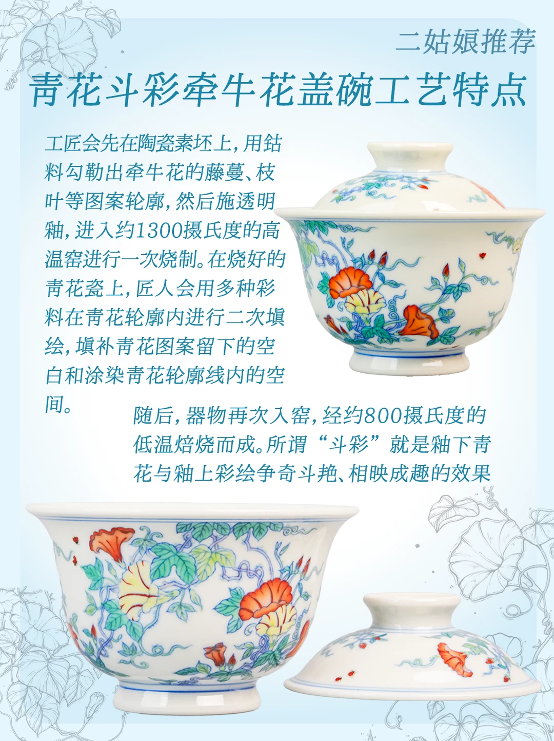 二姑娘推荐/谈窑青花斗彩牵牛花盖碗