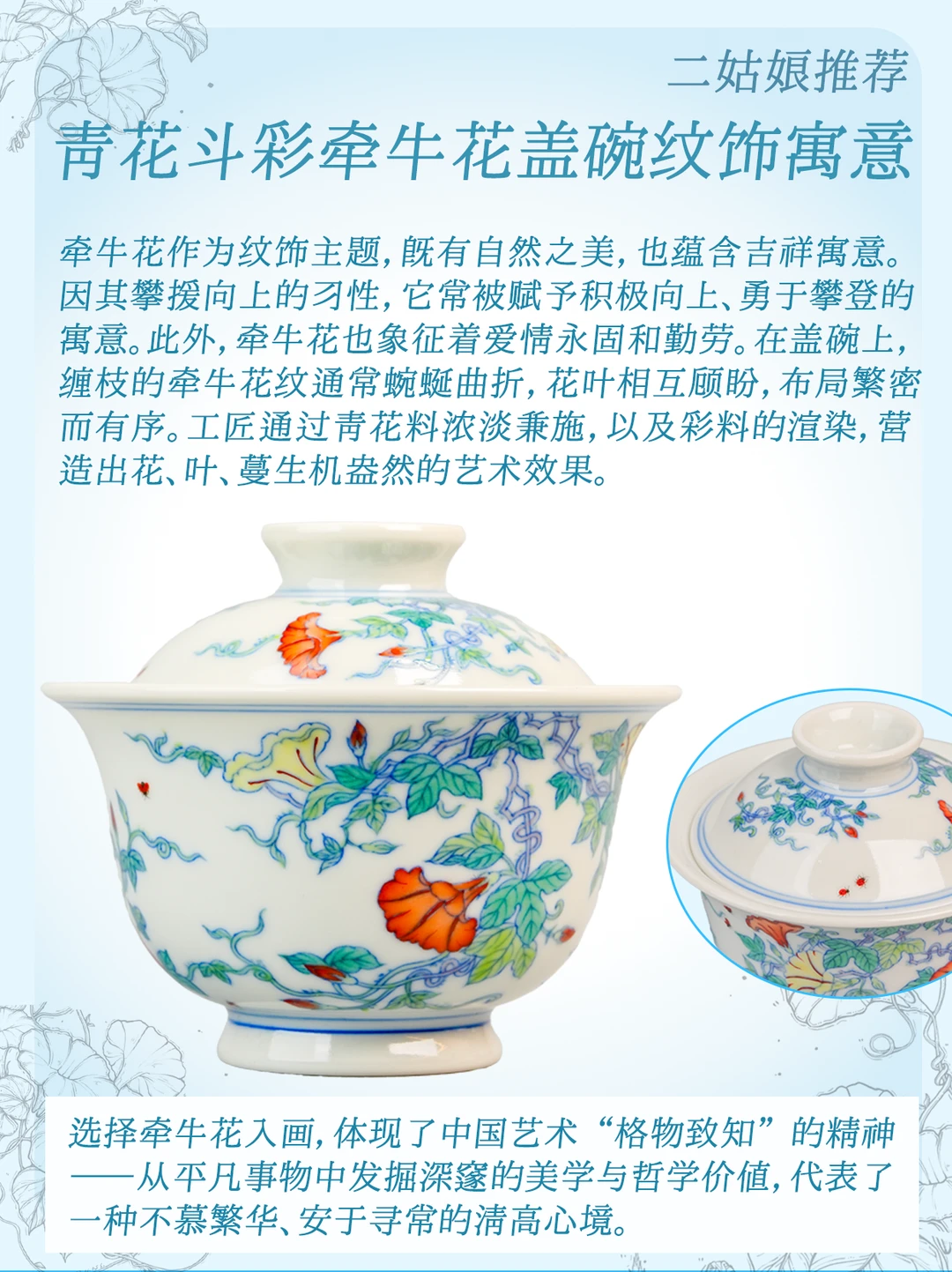 二姑娘推荐/谈窑青花斗彩牵牛花盖碗