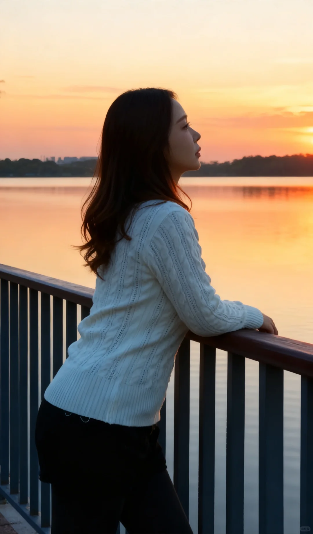 光落在她身上，晚霞染红了她的发梢