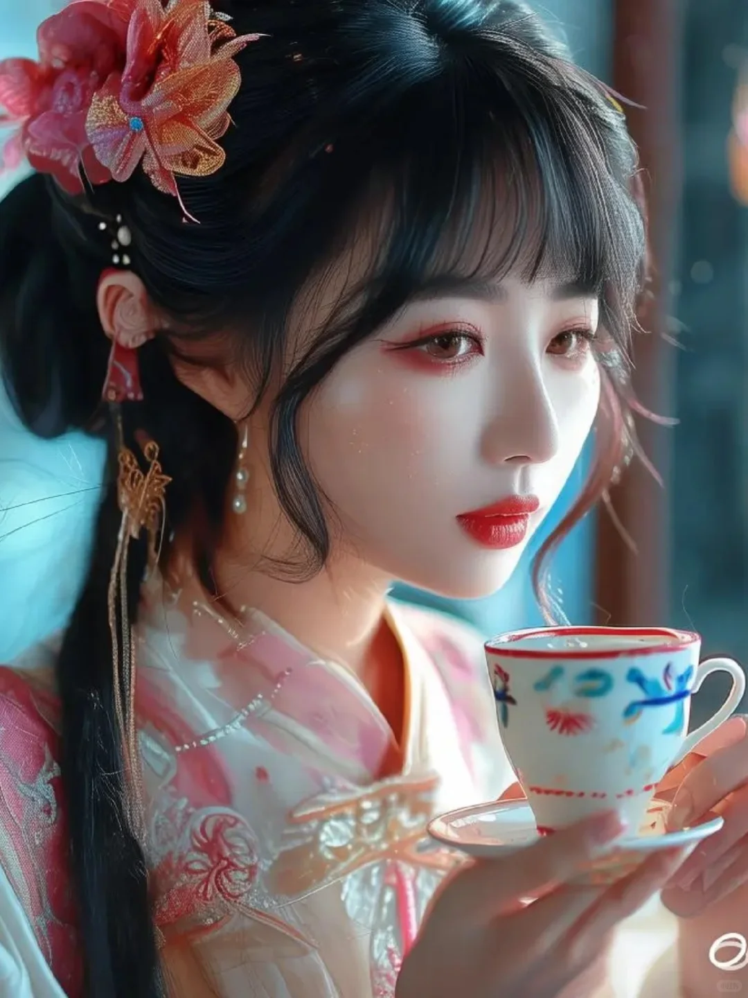 当我让AI帮我生成了汉服美女吃西式下午茶