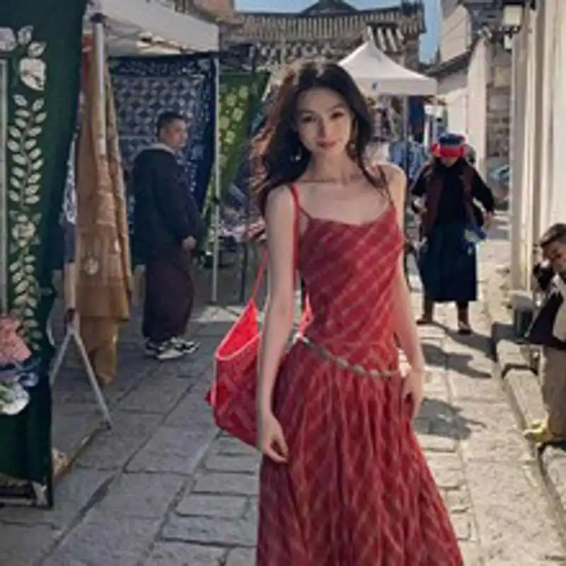 蓝白格子吊带背心女2025夏季新款高腰半