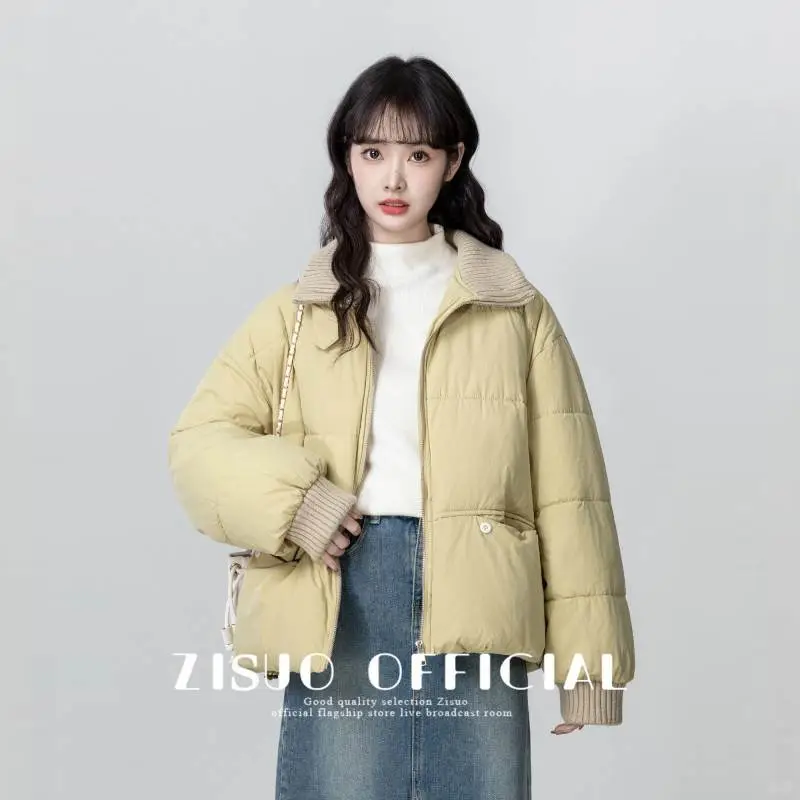 奶黄色翻领棉服女冬2025新款设计感撞