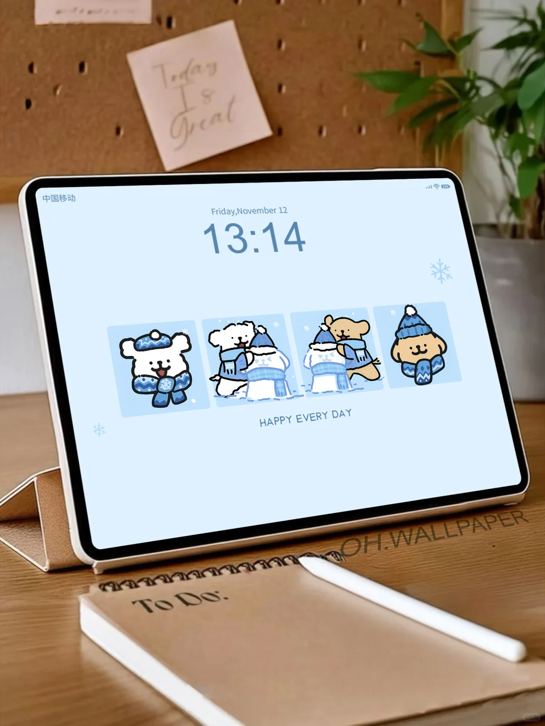 258｜冬季线条小狗堆雪人平板壁纸