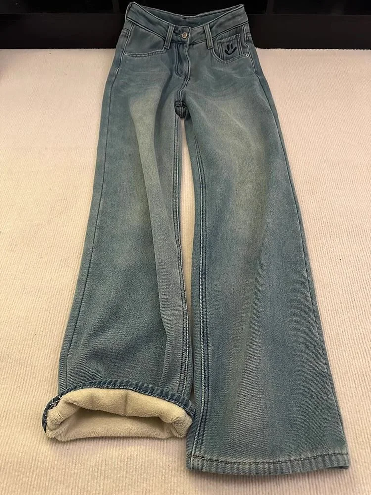 复古天丝蓝色直筒阔腿裤