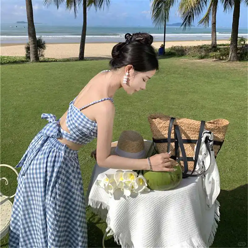 蓝白格子吊带背心女2025夏季新款高腰半