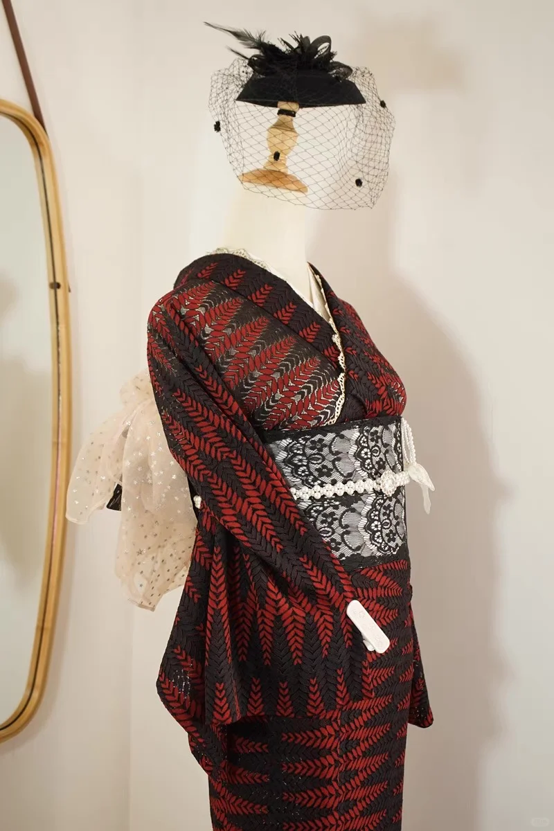 【现货】 红黑叶纹 蕾丝袷小纹和服