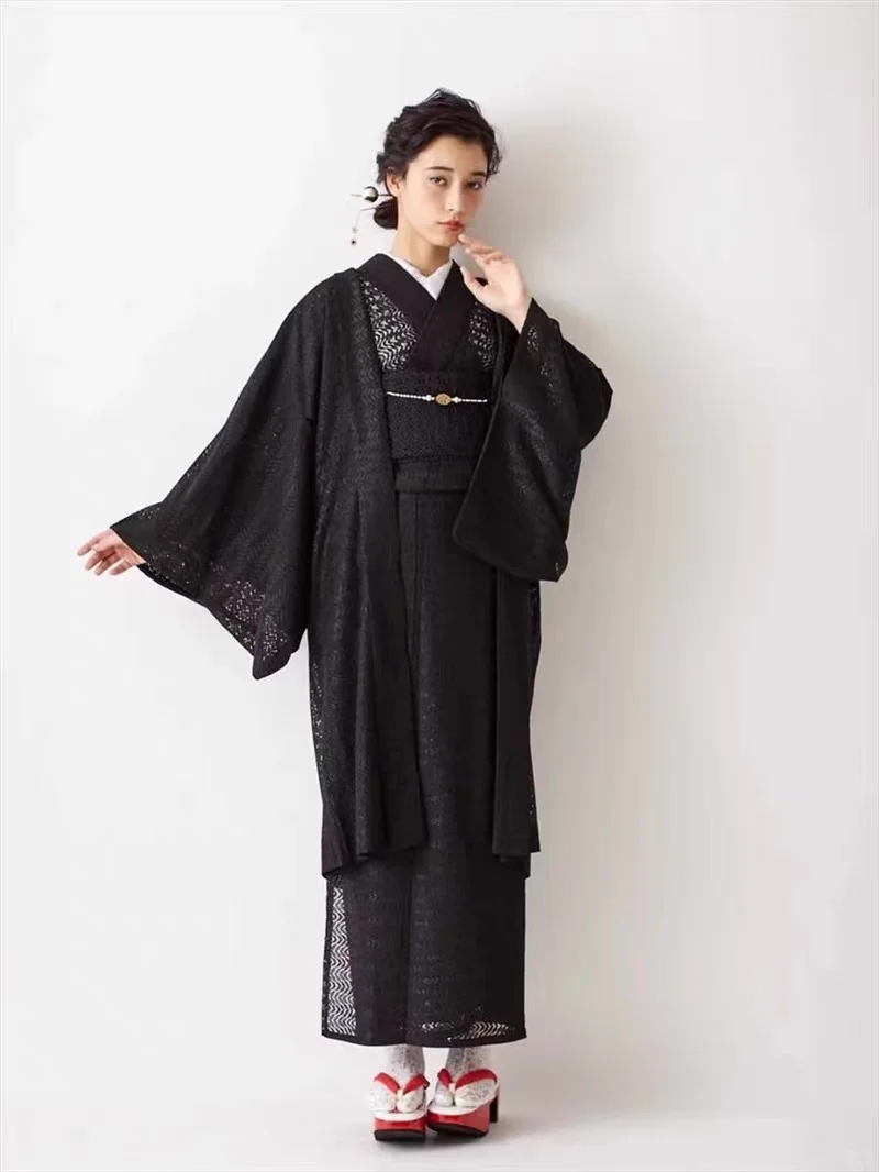 【现货】 纯黑叶纹 蕾丝袷小纹和服