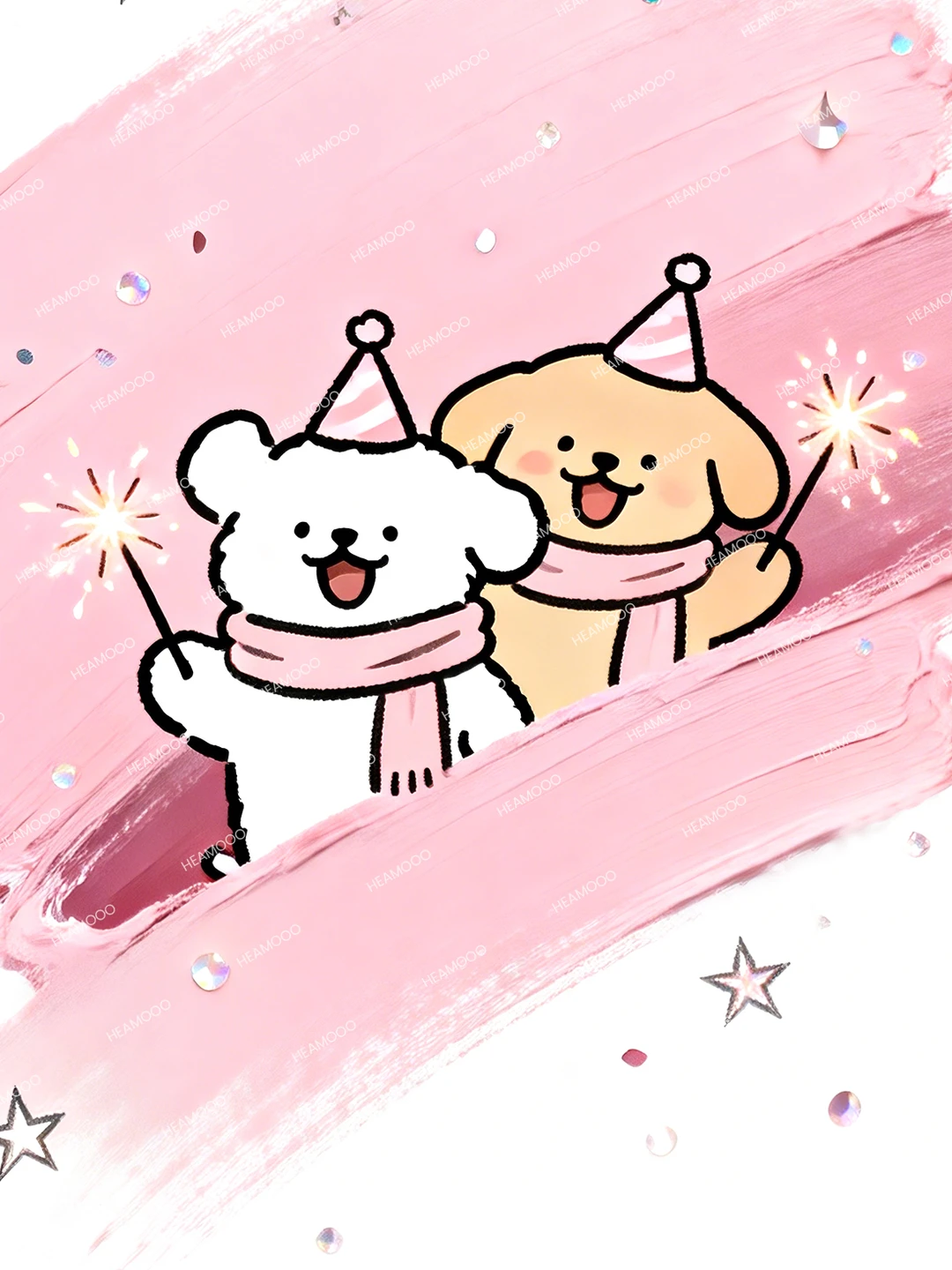 线条小狗壁纸丨小白和小鸡毛一起玩仙女棒