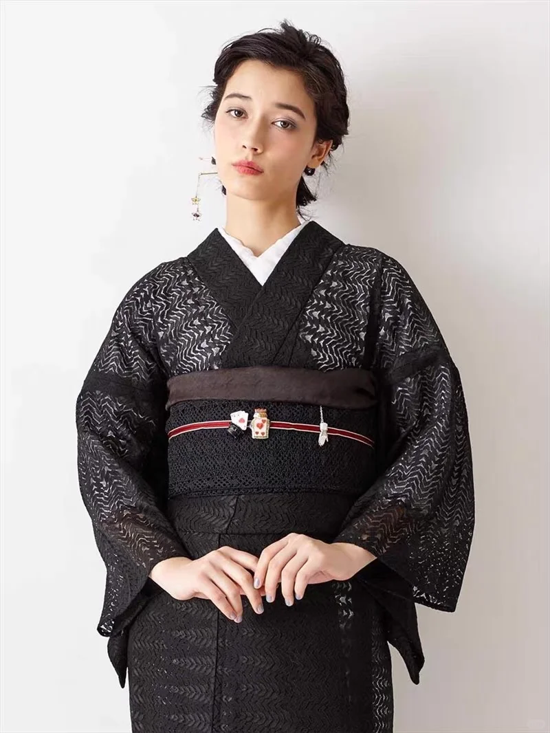 【现货】 纯黑叶纹 蕾丝袷小纹和服