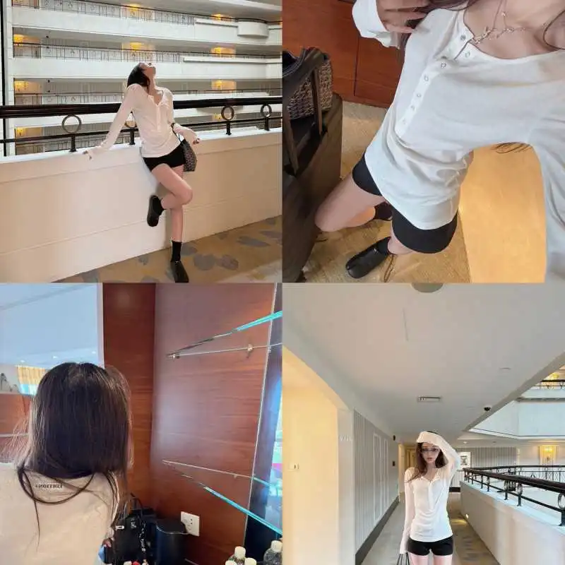 美式辣妹风白色半开领T恤超绝！🔥