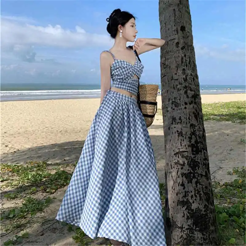 蓝白格子吊带背心女2025夏季新款高腰半