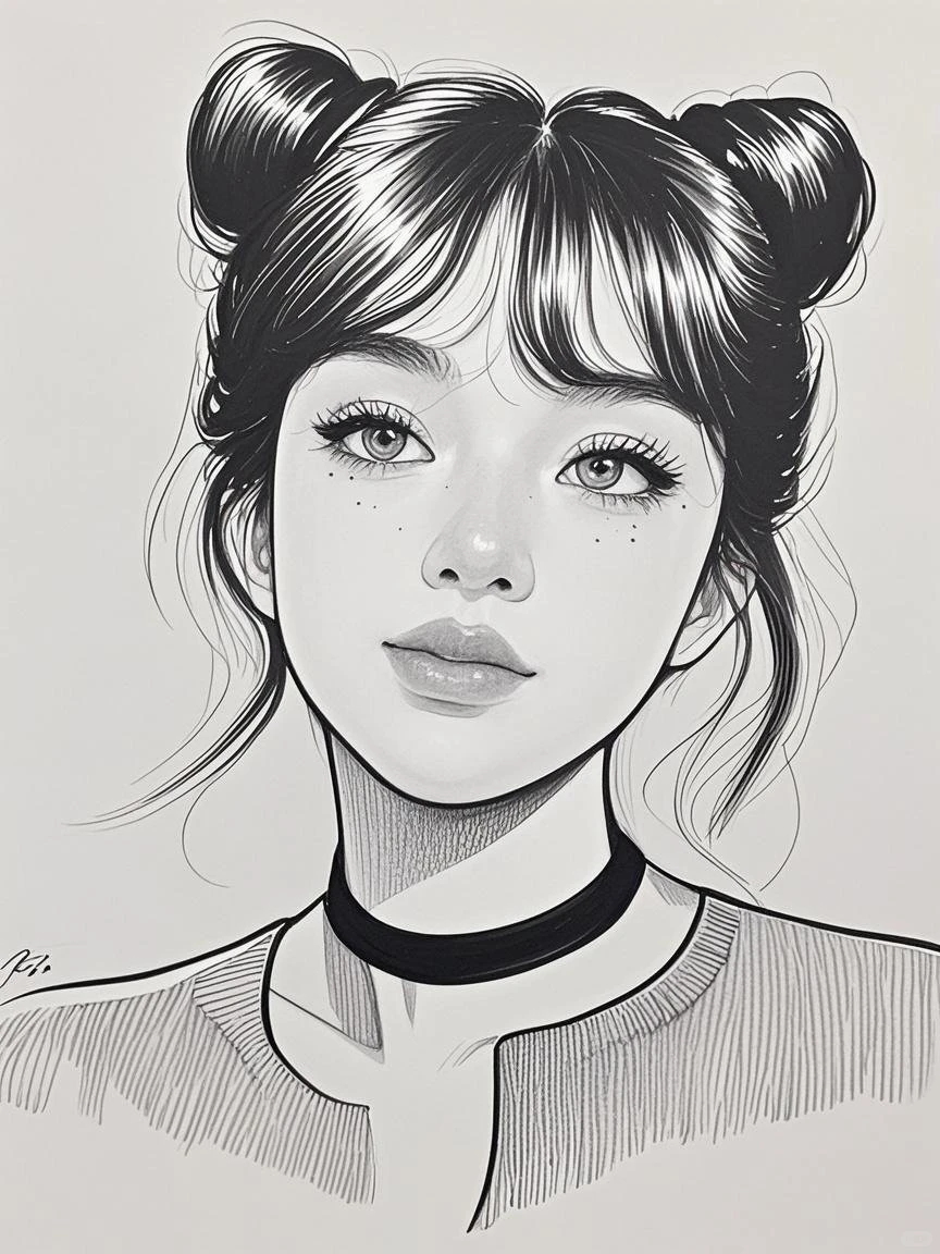 线条太好看了吧，黑白画风的女孩