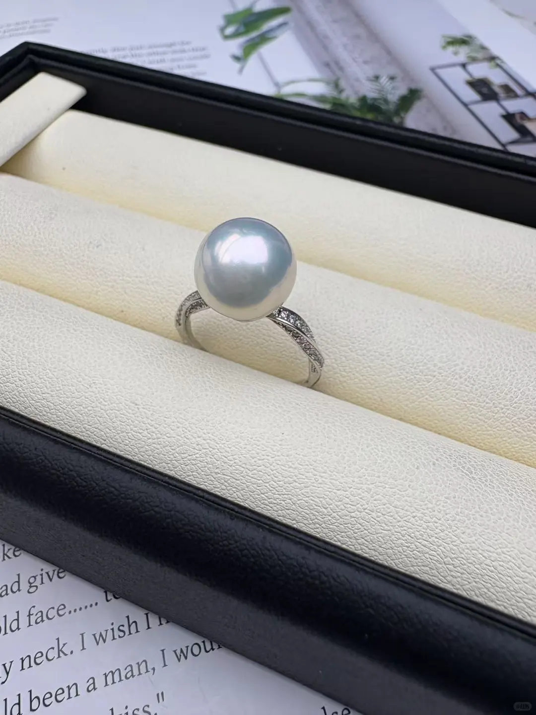 珍珠戒指女款复古时尚银色镶钻开口戒