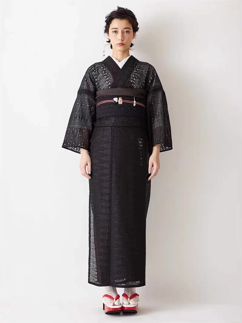 【现货】 纯黑叶纹 蕾丝袷小纹和服