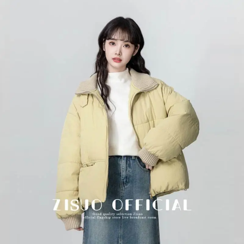 奶黄色翻领棉服女冬2025新款设计感撞