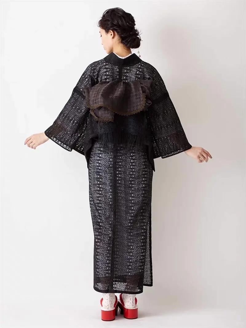 【现货】 纯黑叶纹 蕾丝袷小纹和服