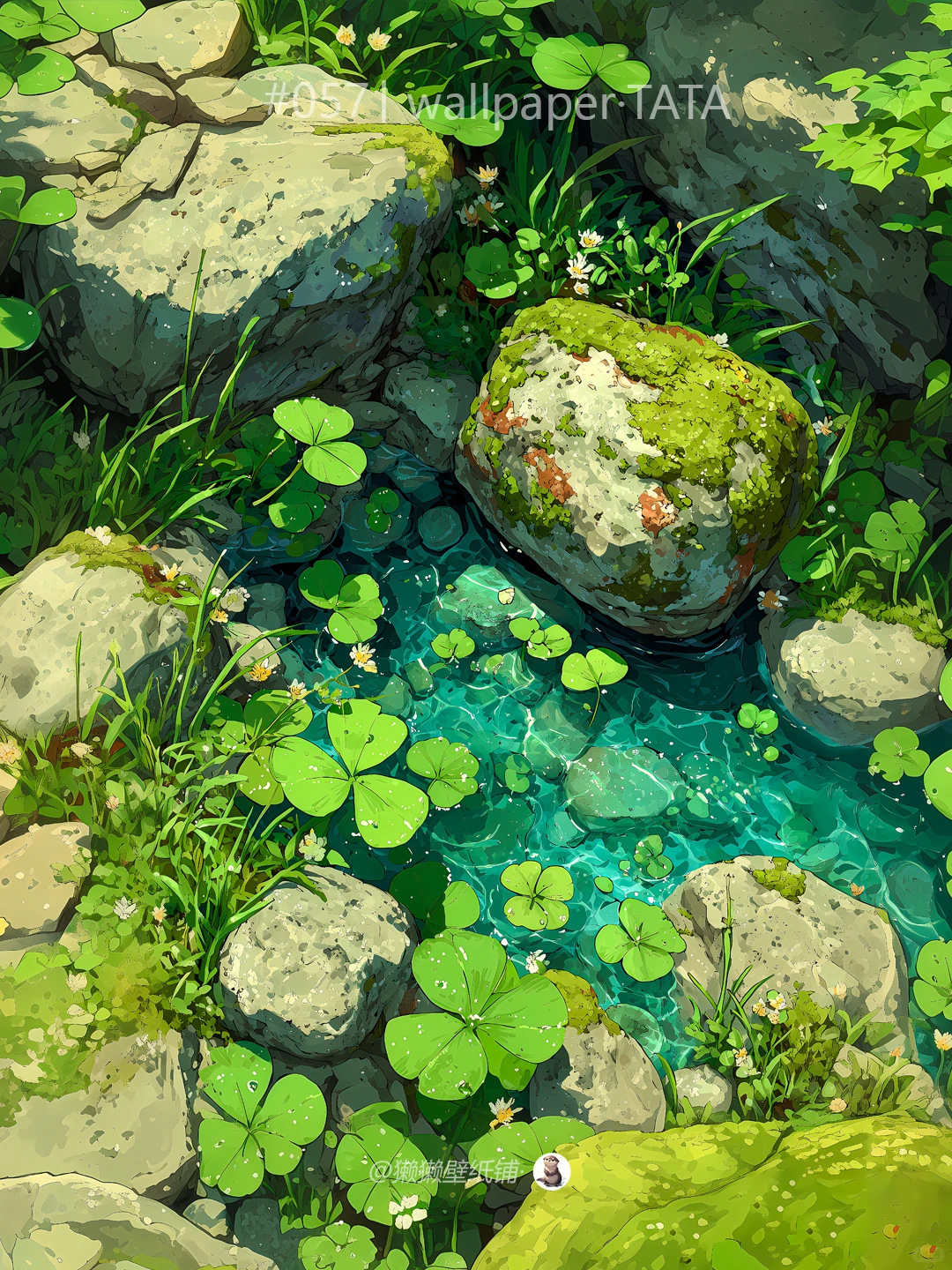 池塘旁的四叶草，治愈系壁纸分享