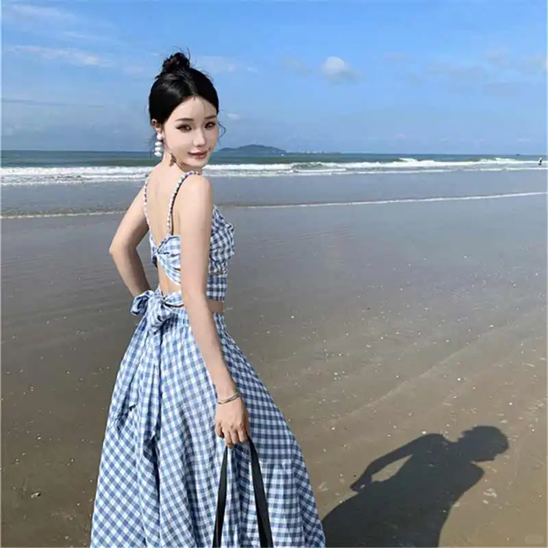 蓝白格子吊带背心女2025夏季新款高腰半