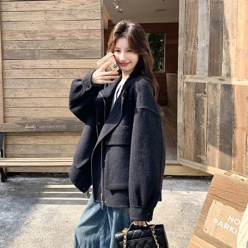 🌙黑色立领双面羊绒大衣女2025冬新款巨