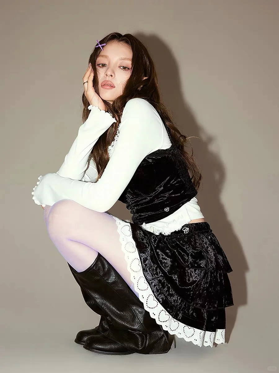 CHUU字母刺绣半身裙女2025冬季新品爱心蕾丝