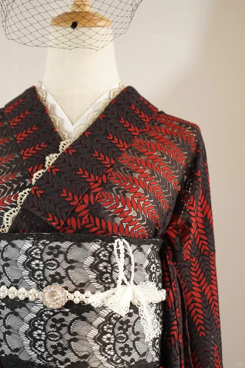 【现货】 红黑叶纹 蕾丝袷小纹和服